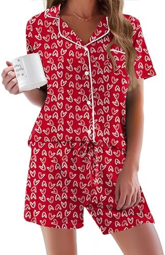 Ekouaer Pajamas Set for Women Short Sleeve Sleepwear Button Down Pj XS-XXXL | Summer 2 Piece Lounge Set, Soft Fabric, Drawstring Waistband, for Bridesmaid Bride Party, Plus Size, Petite, Cute Pattern