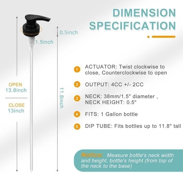 Gallon Pump Dispenser, Fits Most 1 Gallon Jugs and Containers 38/400 Pump Lid Top Replacement for Sanitizer, Lotion, Shampoo, Conditioner (6 Pack)