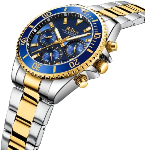 BIDEN Mens Watches Chronograph Gold Blue Stainless Steel Waterproof Date Analog Quartz Watch Business Casual Fashion Wrist Watches for Men