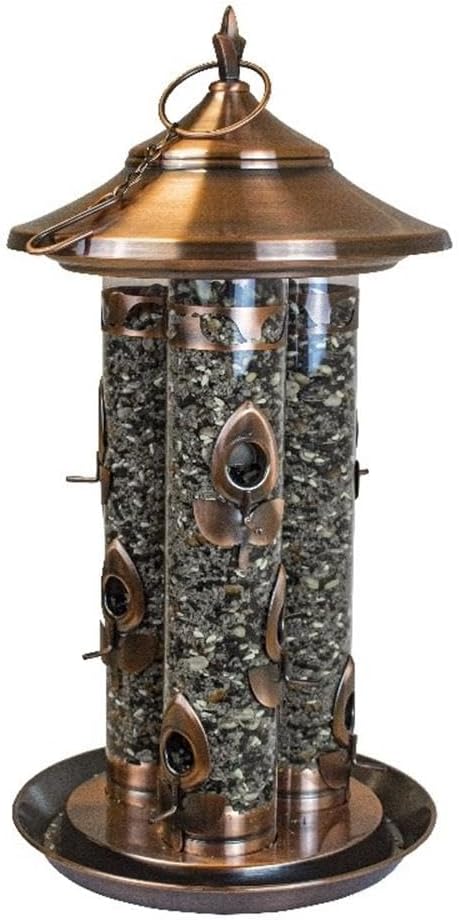 Triple Tube Deluxe Bird Feeder, Metal and Plastic Construction, Warm Copper Finish, 9 Feeding Ports with Perches, Hanging Cable System