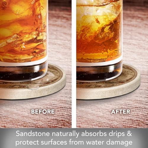 Thirstystone Old World Passages Round Natural Sandstone Coaster 4 Pack | 4" Diameter, Manufactured in the USA, Protective Cork Backing