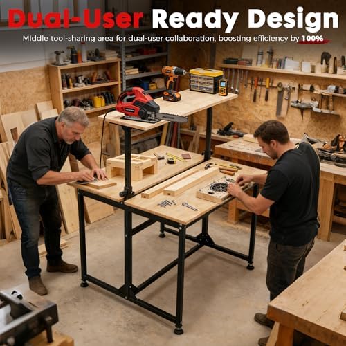 48" Adjustable Rubberwood Workbench with Foldable Extension Board & Power Outlet, Extra Large 48x32In 9-Level Height 27"-37", 2000 LBS Heavy Duty for Workshop Garage Office Home
