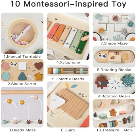 Wooden Baby Walker, Activity Cube Push Walker for Boys and Girls, Toddler Montessori Learning to Walk Toy with Adjustable Speed