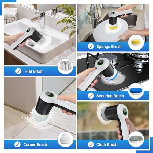 PUFTEM Electric Spin Scrubber, Cordless Shower Scrubber | Battery Level Display, Dual Speed, 6 Replaceable Brush Heads, IPX7 Waterproof, Long Runtime, Tub, Tile & Sink Cleaning