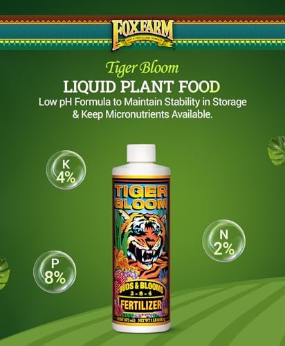 FoxFarm Tiger Bloom Liquid Plant Food - Phosphorus Fertilizer for Buds, Blooms & Flowering - Supports Soil & Hydroponic Systems - High Micronutrient Formula with 2-8-4 Nutrient Ratio - 1 Quart