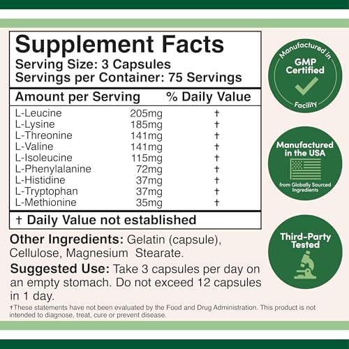 EAA Capsules, BCAAs, All 9 Amino Acids, Workout + Muscle Recovery, 225 Ct