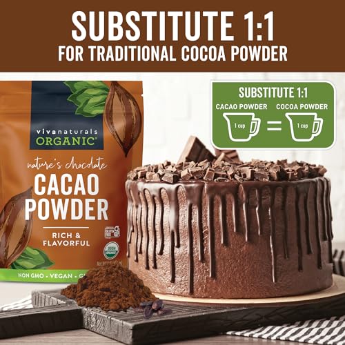 Organic Cacao Powder, Unsweetened, 1 lb (454 g) – Rich Dark Chocolate Flavor, Perfect for Baking, Smoothies & Hot Chocolate – Vegan, Keto, Paleo, Non-GMO & Gluten-Free Cocoa Powder