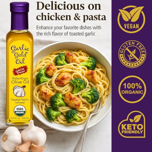 Garlic Gold Extra Virgin Olive Oil Infused with Garlic, Premium Certified USDA Organic, Low FODMAP, Cold Pressed (250 mL, 6 Pack) | 8.44 Fl Oz - 250 ml (6 Pack), First Cold Pressed, Hand Crafted, Artisanal, USDA Organic, Low FODMAP, Gluten Free