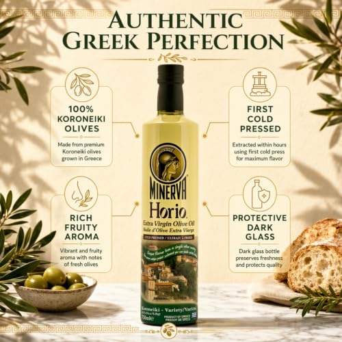 Extra Virgin Olive Oil - Horio, 750ml Glass | #1 Greek olive oil. First cold pressed from 100% Koroneiki olives grown in Greece. Single variety. Rich