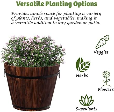 Rustic Wooden Whiskey Barrel Planter with Durable Medal Handles and Drainage Hole - Perfect for Indoor and Outdoor Plants, Herbs, and Vegetables - Medium