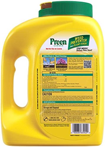 Preen Garden Weed Preventer Plus Plant Food 16 lb. Drum, Covers 2,560 sq ft | Granular All Purpose Fertilizer with Pre Emergent Weed Control for Gardens – Prevents Weeds and Feeds Plants