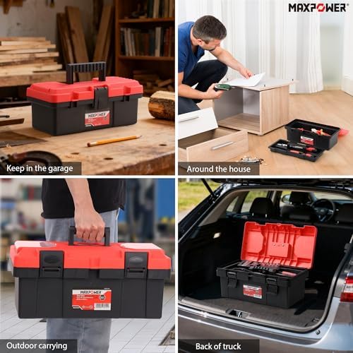 MAXPOWER Small Tool Box, 14-inch Plastic Tool Boxes with Handle | Removable Tray with Dual Lock Secured, Red Toolbox for Home