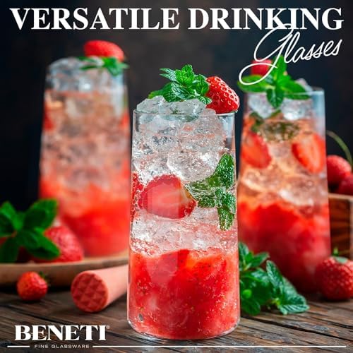 BENETI Modern Tall Drinking Glasses Set of 6 | Handmade In Europe | 18oz Premium Highball Crystal Glass Cups for Water and Juice