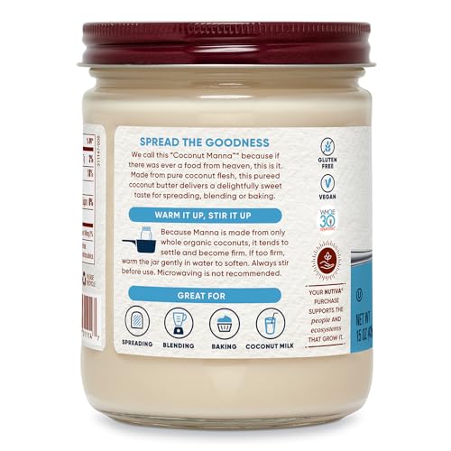 Nutiva Organic Coconut Manna Puréed Coconut Butter, 15 Oz, USDA Organic, Non-GMO, Vegan, Gluten-Free & Keto, Creamy Spread for Smoothies, Oatmeal