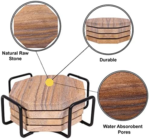Sandstone Water Absorbent Hand Crafted Octagon Coasters with Holder for Drinks 4 Inches Wide Thirsty Stone Bar/Drink Coasters Made from Real Solid