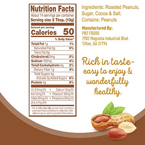 PB2 Powdered Chocolate Peanut Butter with Cocoa - 4g of Protein, 90% Less Fat, Certified Gluten Free, Only 50 Calories per Serving for Shakes, Smoothies, Low-Carb, Keto Diets