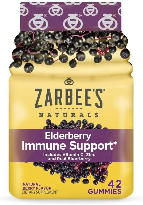 Zarbee's Kids Elderberry Immune Support Gummies, 60 ct | For Kids Ages 12+ Years, Real Elderberry, Vitamins A, C, D3, E & Zinc, No Artificial Sweeteners or HFCS