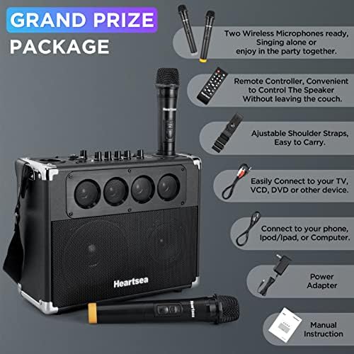 HEARTSEA Portable Karaoke Machine with Wireless Mics, Bluetooth Speaker | 3-Way Sound, TWS Stereo Pairing, Guitar Input, USB/AUX