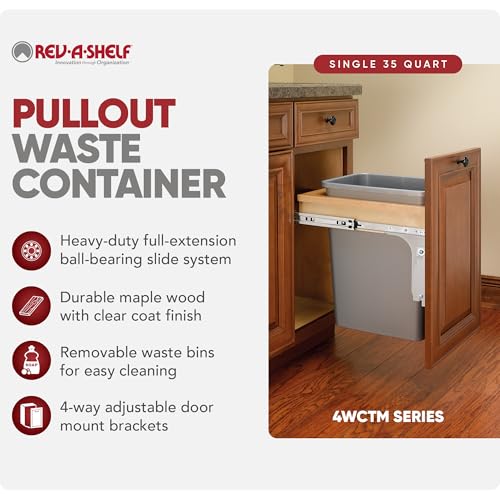 Rev-A-Shelf Top Mount Double Pullout Under Cabinet 35 Quart Kitchen Trash Cans, 150 Pound Rated Full-Extension Slides, 4WCTM-18DM2-419-FL