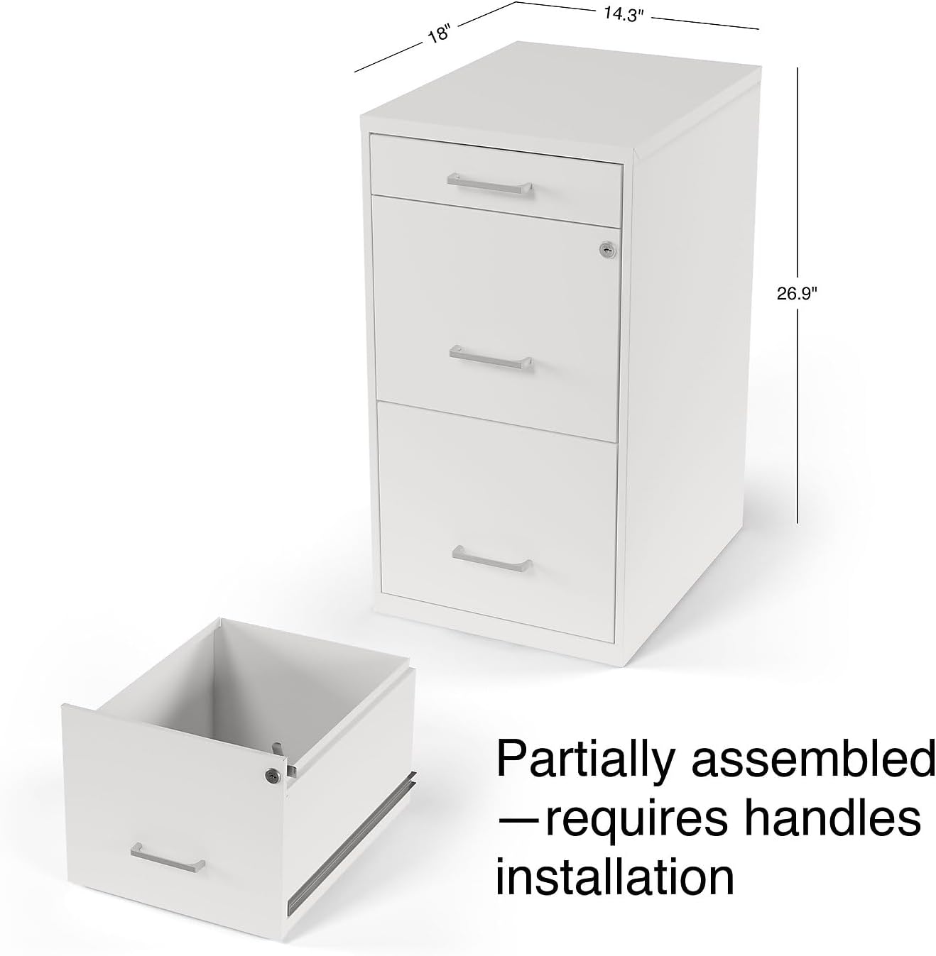Staples 3-Drawer Vertical File Cabinet, Letter Size Documents, Lockable & Mobile, 18.9" D x 14.3" W x 26.9" H, White