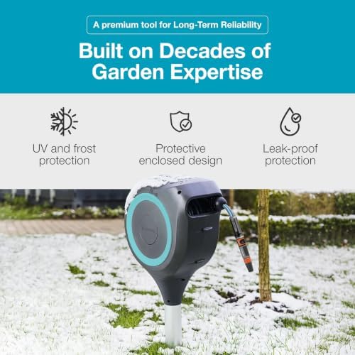 GARDENA Automatic Retractable Garden Hose Reel - 50 Feet - 360 Degree Swivel Outdoor Hose Reel with Metal Spike Base - Auto Retract - UV Resistant
