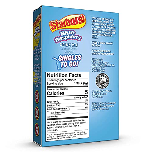 Starburst Singles To Go Zero Sugar Drink Mix, Blue Raspberry, 6 CT Per Box (Pack of 1)