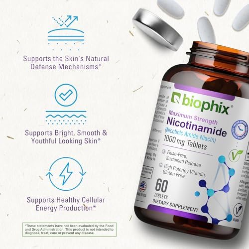 biophix B-3 Nicotinamide 1000 mg 60 Tablets Extra Strength Timed Release - Nicotinic Amide Niacin Natural Flush-Free Vitamin Formula - Supports Skin