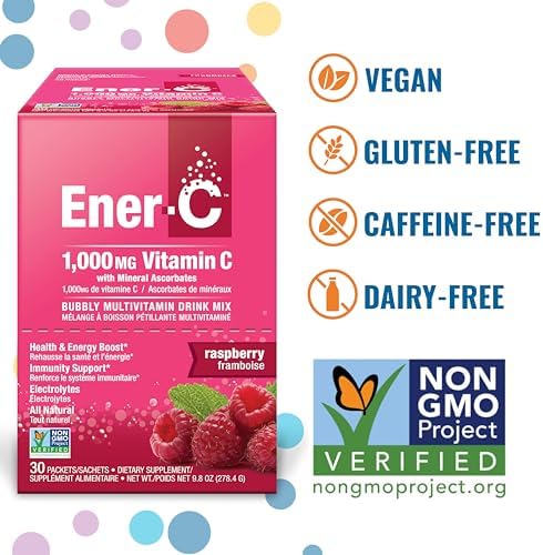 Ener-C Multivitamin Drink Mix, Electrolytes Powder - Raspberry, 30 Count | Vitamin Packets for Water, Vitamin Drink Mix, Hydration Liquid Mix, Immune Booster for Adults, Healthy Energy