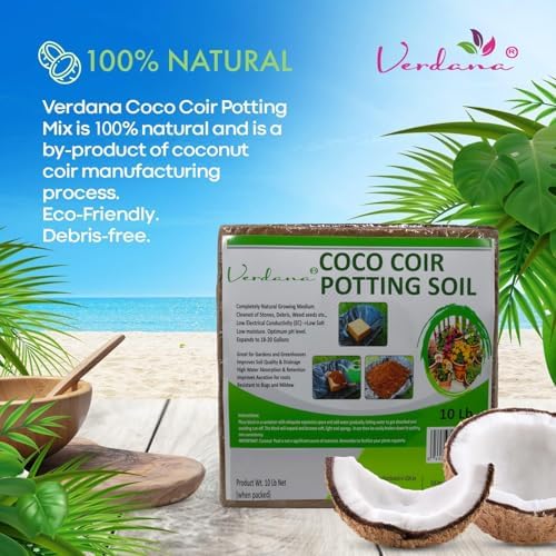 Verdana Coco Coir Potting Soil Brick - 10 lb Compressed Coconut Coir Block, Expands to 72 Quarts / 18 Gallons, Peat Moss Alternative for Seed Starting