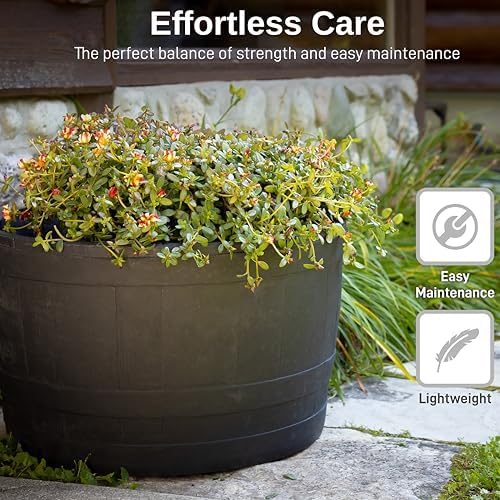 RTS Companies Home Accents 24" Whiskey Barrel Planter, Durable Polyethylene Indoor/Outdoor Flower Pot, Weather-Resistant Plastic Garden Planter, Black, 1-Pack