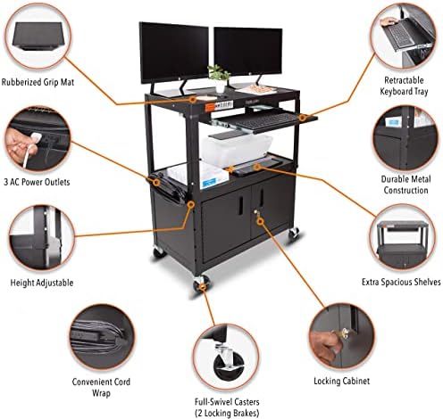 Line Leader AV Cart w/Locking Cabinet, Black Metal Utility Cart with Storage Shelf - Height Adjustable, Mobile and Great for Offices, Classrooms, Libraries (Black, 24in x 18in)