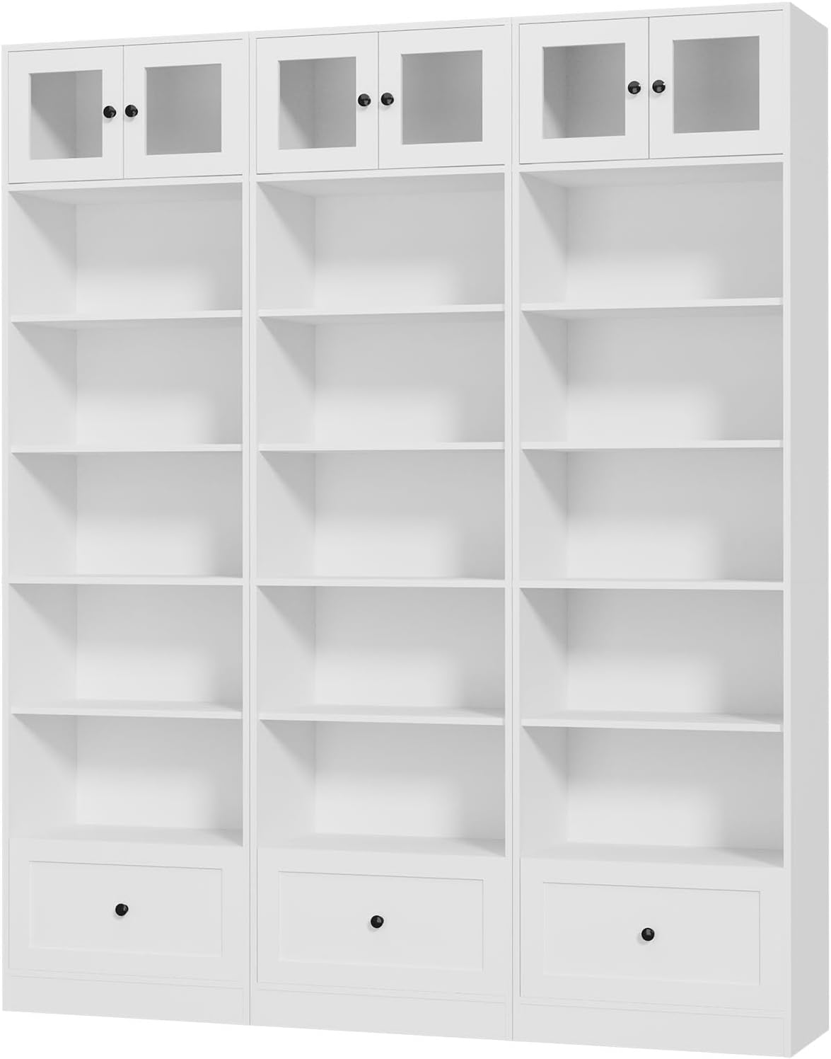 TUSY 85.5 Inch Tall Bookshelf with Doors - 7 Tier Bookcase with Glass Doors and Drawer, 23.6" Wide Storage Cabinet with Open Shelves for Living Room, White Book Shelf for Home Office, Study (AAAA)