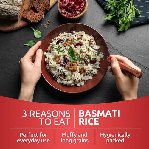 Authentic Extra Long Basmati Rice by Khazana in 10 lb Bag - Aromatic and Flavorful Indian Grain - Non-GMO, Gluten Free, Kosher, Cholesterol Free