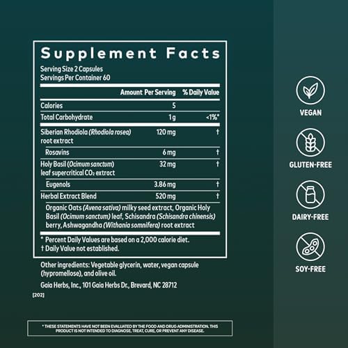 Gaia Herbs Adrenal Health Daily Support - Herbal Supplement with Ashwagandha, Holy Basil & Schisandra - Help Maintain Healthy Energy & Stress Levels* - 60 Vegan Liquid Phyto-Caps (30 Servings)