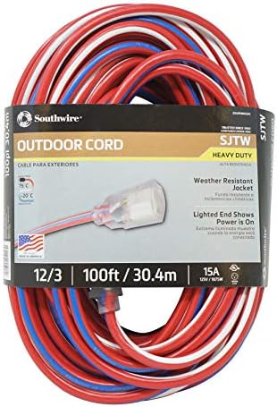 Southwire Heavy Duty Extension Cord, 50Ft, 12 Gauge, 3 Conductor, Outdoor Cord, Lighted End, SJTW, Red/White/Blue, 2548SWUSA1