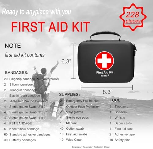 Compact First Aid Kit (228pcs) Designed for Family Emergency Care. Waterproof EVA Case and Bag is Ideal for The Car, Home, Boat, School, Camping, Hiking, Office, Sports. Protect Your Loved Ones. Red
