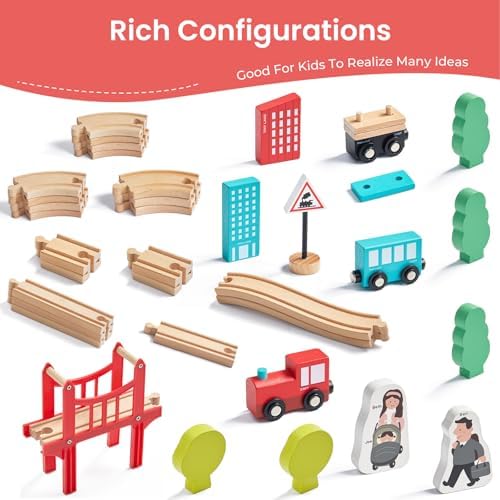 Tiny Land 39 Pcs Wooden Train Set for Toddler with Wooden Tracks | Compatible with Major Brands, Expandable