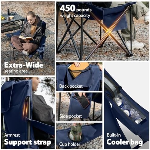Naturehike Oversized Camping Chair with Cooler Bag, Heavy Duty Lawn Chair Support 450 LBS, Portable Padded Outdoor Folding Chair, 2 Pack