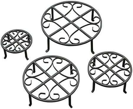 Red Carpet Studios Set of Four Round Black Iron Plant Stands, Scroll Pattern