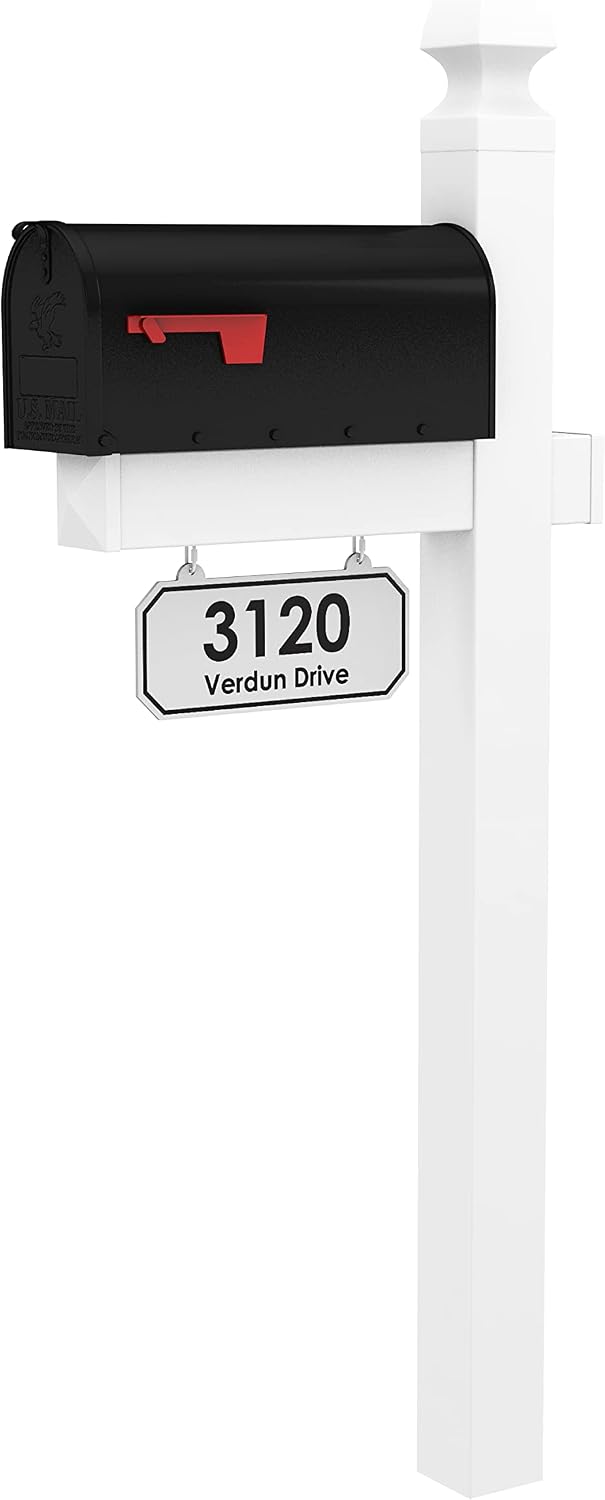 4Ever Products Loudon White Vinyl Mailbox Post System & Black Mailbox | Complete curbside combo kit features a durable metal mailbox and a custom