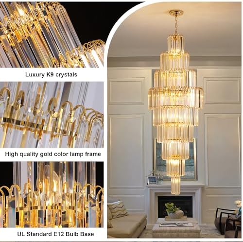 Luxury Modern Gold 9-Tier Crystal Chandelier for High Ceiling Foyer Staircase Large Entryway Light Fixture Dia23.7 20 Lights