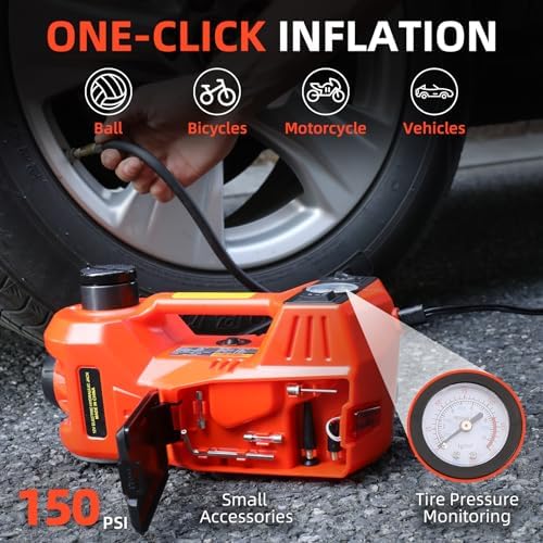 Trihelper Electric Car Jack 5 Ton 12V Floor Jack Hydraulic Jack Stand Car Lift Jack with Integrated Tire Pump for SUV Truck Sedan Vehicle Roadside