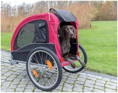 TRIXIE Medium Dog Bike Trailer - Foldable Pet Bicycle Trailer for Dogs up to 48lbs – Features Quick Fastening Wheels, 2 Doors, Safety Leash & Waterproof Carrier - 50 x 25 x 26.5in - Black/Red