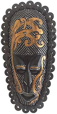 OMA Handcrafted African Tribal Wall Mask with Real Ceremonial Coins – Solid Wood Maori-Style Face Art for Home Decor (Natural Brown)