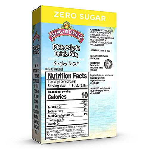 Margaritaville singles to go water drink mix - pina colada flavored, non-alcoholic powder sticks (6 boxes with 6 packets each - 36 total servings), 0.70 ounce (pack of 6)