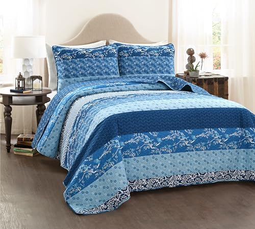 Lush Decor Royal Empire Reversible Cotton Quilt Set, 3 Piece Set Full/ Queen, Plum - Striped Bedding Set - Floral Quilt Queen Size - Purple Bedding - Boho Decor