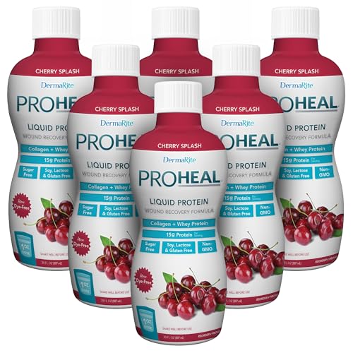 DermaRite ProHeal Protein Supplement, Cherry Splash Flavor, 30 oz, 1 ct | Liquid Protein Wound Recovery Formula, 15g of Collagen and Whey Protein