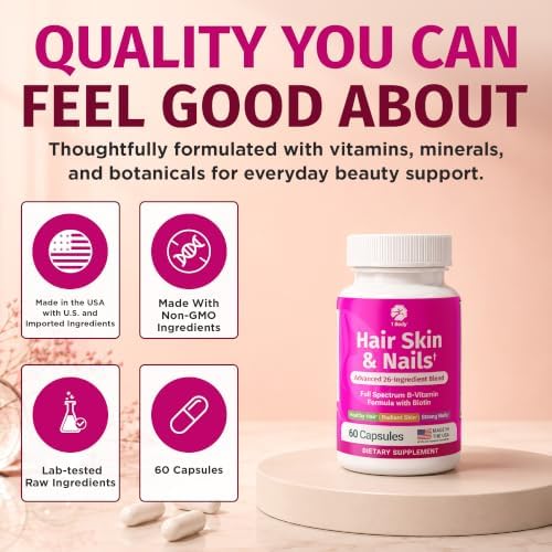 1 Body Hair Skin & Nails with Biotin, Vegan Vitamins, 60 Capsules | Look Good, Feel Confident. Supports healthy hair, skin, and nails as part of your daily beauty routine.*