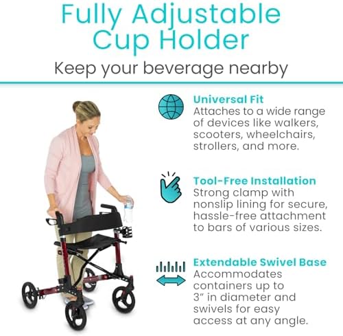 Vive Cup Holder for Walker, Wheelchair, Accessories, Stroller, Adults | Universal Clip-On Cup Holder for Bikes, Boats, Kayaks, Motorcycles