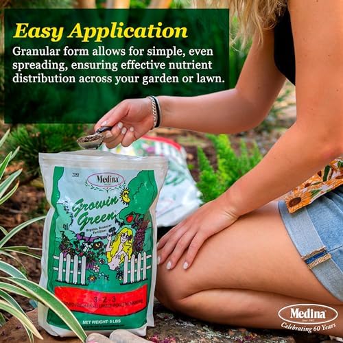 Medina Growin Green Organic Granular Fertilizer, 5 lb Bag, 3-2-3 | Nutrient Rich Soil Enhancer, Granules for Lush Gardens, Lawns, and Plants